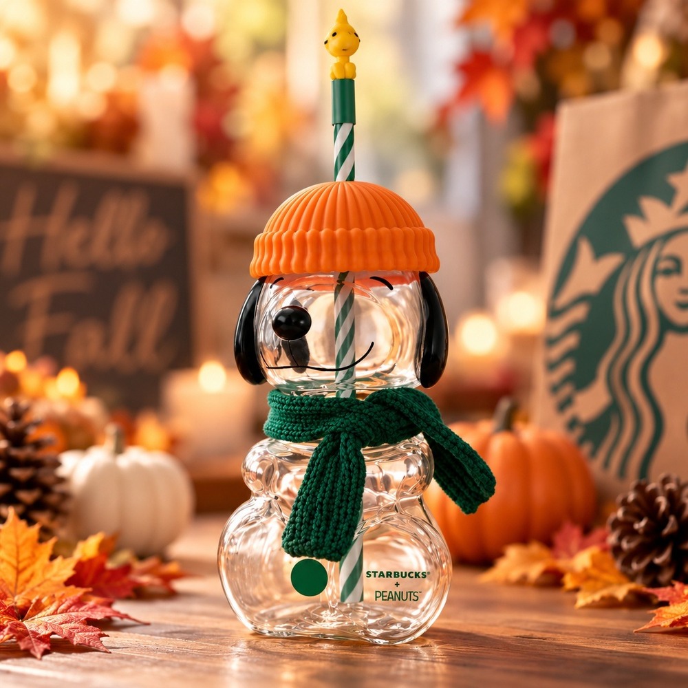 Starbucks x Peanuts Snoopy Glass Cold Cup 20oz Woodstock Topper Fall NEW
